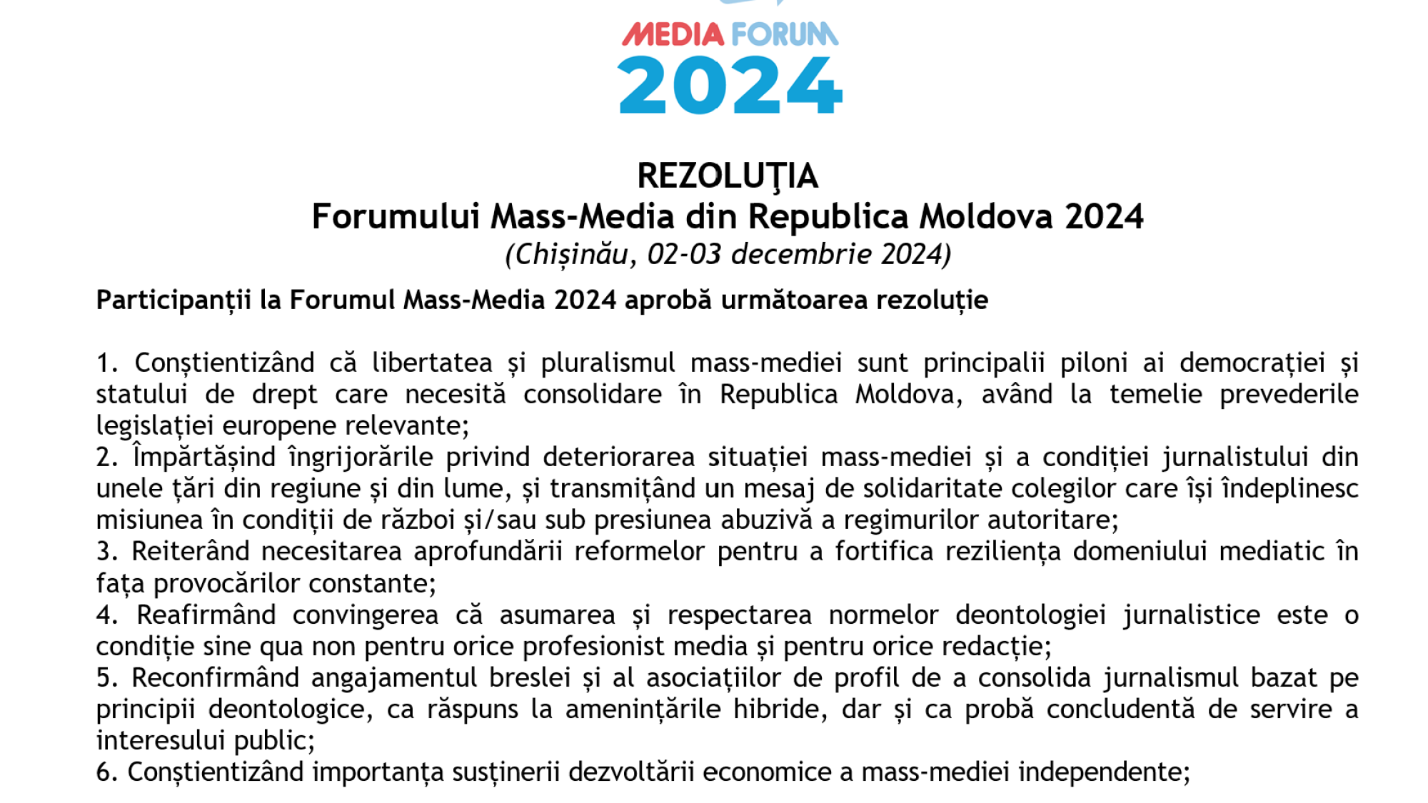 REZOLUŢIA FORUMULUI MASS-MEDIA DIN REPUBLICA MOLDOVA 2024